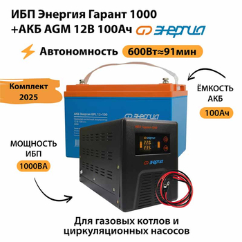 ИБП для котла Энергия Гарант 1000 + Аккумулятор 100 Ач 12 В (600Вт - 91мин) - ИБП и АКБ - ИБП для котлов - . Магазин оборудования для автономного и резервного электропитания Ekosolar.ru в Красноярске