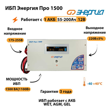 Энергия ИБП Про 1500 12В - ИБП и АКБ - ИБП для котлов - . Магазин оборудования для автономного и резервного электропитания Ekosolar.ru в Красноярске