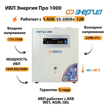 Энергия ИБП Про 1000 12В - ИБП и АКБ - ИБП для котлов - . Магазин оборудования для автономного и резервного электропитания Ekosolar.ru в Красноярске