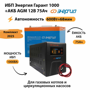 ИБП для котла Энергия Гарант 1000 + Аккумулятор 75 Ач 12 В (600Вт - 68мин) - ИБП и АКБ - ИБП для котлов - . Магазин оборудования для автономного и резервного электропитания Ekosolar.ru в Красноярске