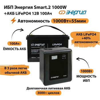 ИБП Энергия Smart.2 1000W + Аккумулятор LiFePO4 12v-100Ah (1000Вт-55мин) - ИБП и АКБ - ИБП Энергия - ИБП на 1 кВА - . Магазин оборудования для автономного и резервного электропитания Ekosolar.ru в Красноярске