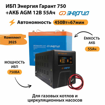 ИБП для котла Энергия Гарант 750 + Аккумулятор 55 Ач 12 В (450Вт - 67мин) - ИБП и АКБ - ИБП для котлов - . Магазин оборудования для автономного и резервного электропитания Ekosolar.ru в Красноярске