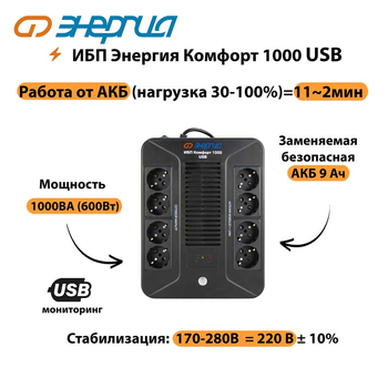 ИБП Комфорт 1000 USB Энергия - ИБП и АКБ - ИБП для компьютера - . Магазин оборудования для автономного и резервного электропитания Ekosolar.ru в Красноярске
