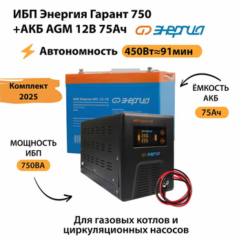 ИБП для котла Энергия Гарант 750 + Аккумулятор 75 Ач 12 В (450Вт - 91мин) - ИБП и АКБ - ИБП для котлов - . Магазин оборудования для автономного и резервного электропитания Ekosolar.ru в Красноярске