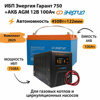 ИБП для котла Энергия Гарант 750 + Аккумулятор 100 Ач 12 В (450Вт - 122мин) - ИБП и АКБ - ИБП для котлов - . Магазин оборудования для автономного и резервного электропитания Ekosolar.ru в Красноярске